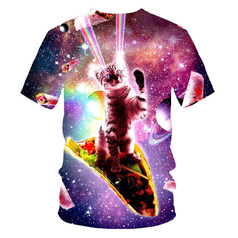 Galaxy Space 3D T Shirt Lovely Kitten Cat Eat Taco Pizza Funny Tops Tee Short Sleeve Summer Shirts