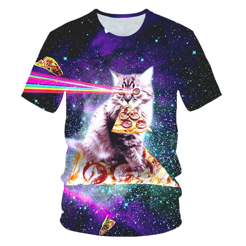 Galaxy Space 3D T Shirt Lovely Kitten Cat Eat Taco Pizza Funny Tops Tee Short Sleeve Summer Shirts