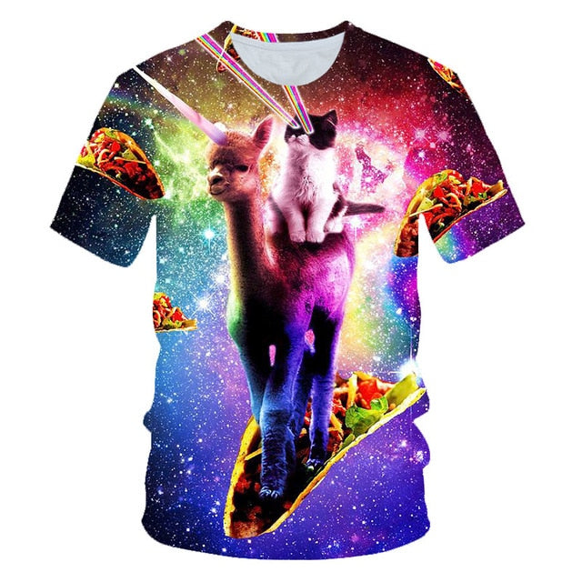 Galaxy Space 3D T Shirt Lovely Kitten Cat Eat Taco Pizza Funny Tops Tee Short Sleeve Summer Shirts