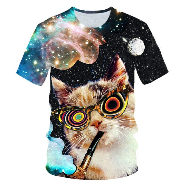 Galaxy Space 3D T Shirt Lovely Kitten Cat Eat Taco Pizza Funny Tops Tee Short Sleeve Summer Shirts